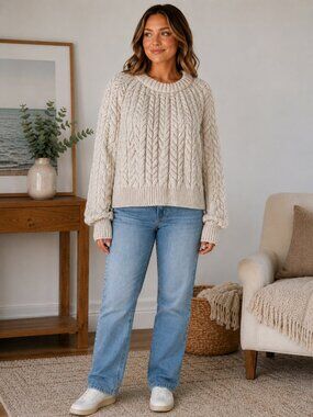 H&M M Alpaca Blend Cable Knit Sweater Oatmeal Oversized Chunky Crew Neck Ribbed